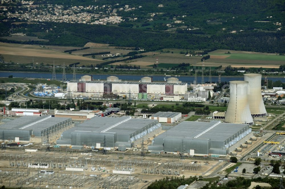 Saint-Paul-Trois-Châteaux from the bird's eye view: Building remains Tricastin of the reactor units and facilities of the NPP nuclear power plant in Saint-Paul-Trois-Chateaux in Auvergne Rhone-Alpes, France