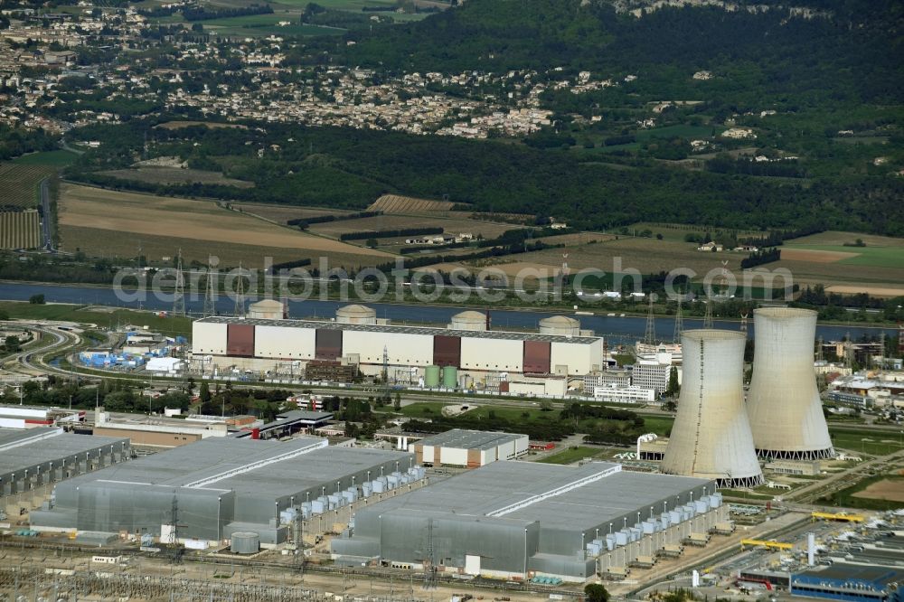 Aerial photograph Saint-Paul-Trois-Châteaux - Building remains Tricastin of the reactor units and facilities of the NPP nuclear power plant in Saint-Paul-Trois-Chateaux in Auvergne Rhone-Alpes, France