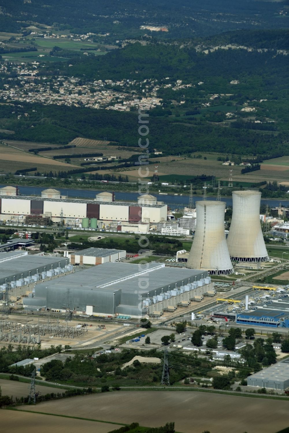 Saint-Paul-Trois-Châteaux from above - Building remains Tricastin of the reactor units and facilities of the NPP nuclear power plant in Saint-Paul-Trois-Chateaux in Auvergne Rhone-Alpes, France