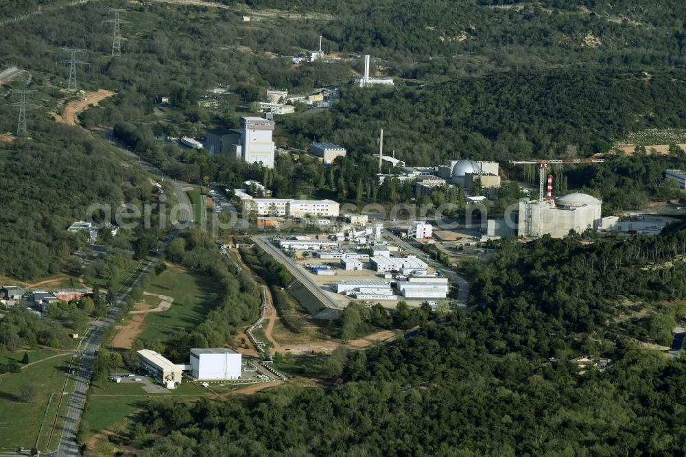 Aerial image Saint-Paul-lez-Durance - Building remains of the reactor units and facilities of the NPP nuclear power plant institut CEA Cadarache in Saint-Paul-lez-Durance in Provence-Alpes-Cote d'Azur, France