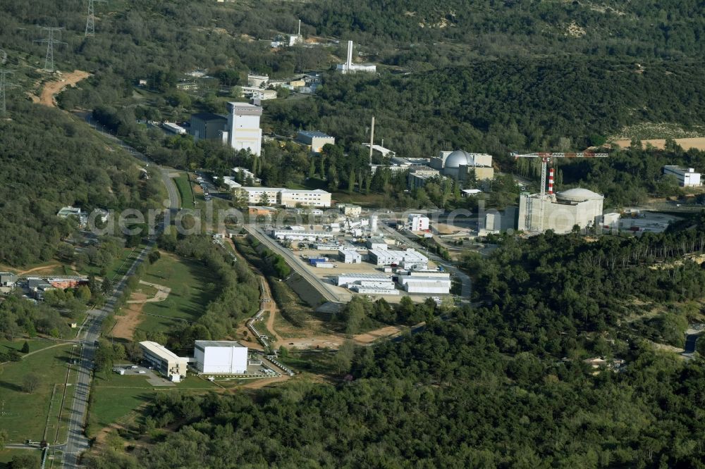 Saint-Paul-lez-Durance from above - Building remains of the reactor units and facilities of the NPP nuclear power plant institut CEA Cadarache in Saint-Paul-lez-Durance in Provence-Alpes-Cote d'Azur, France