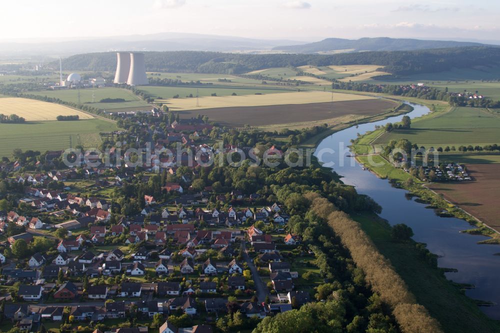 Emmerthal from above - Building remains of the reactor units and facilities of the NPP nuclear power plant Grohnde on the river Weser in Grohnde in the state Lower Saxony, Germany