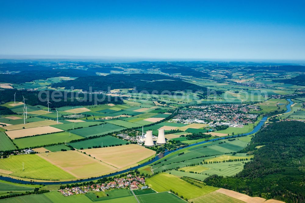 Emmerthal from the bird's eye view: Building remains of the reactor units and facilities of the NPP nuclear power plant Grohnde on the river Weser in Grohnde in the state Lower Saxony, Germany