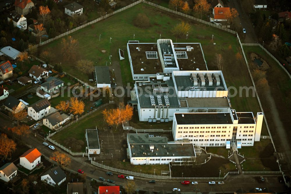 Aerial image Berlin - Data center building and online data processing hub on street Florastrasse in the district Mahlsdorf in Berlin, Germany