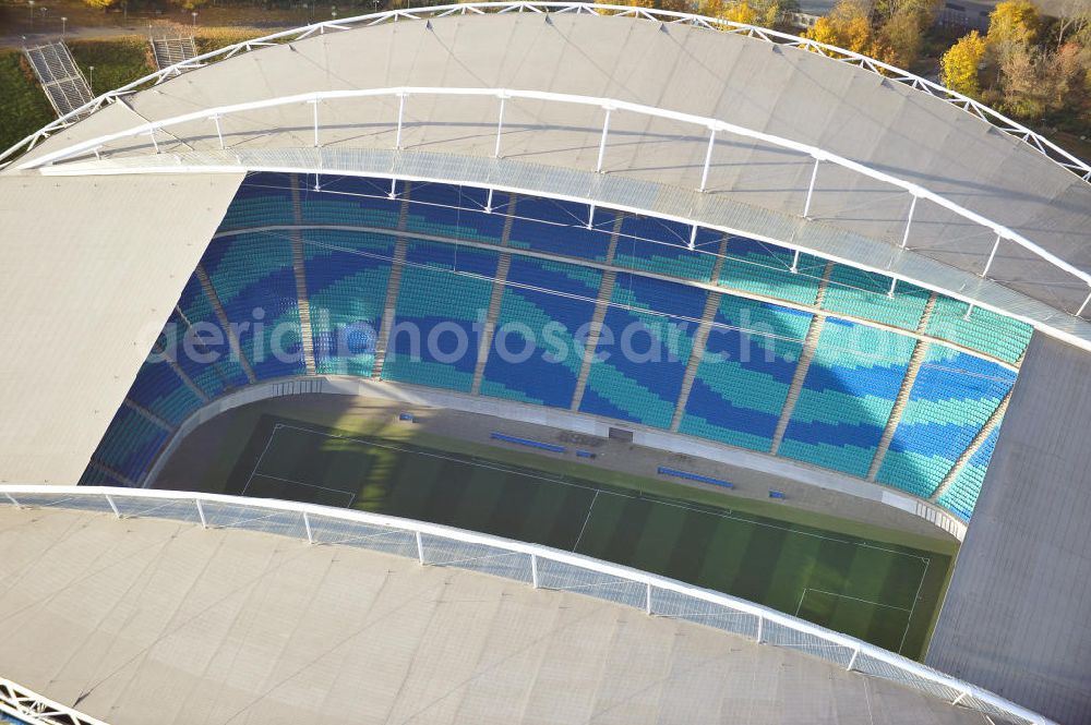 Aerial photograph Leipzig - Blick auf die Red Bull Arena (vormals Zentralstadion), dem größten Stadion der sächsischen Stadt Leipzig und dem größten auf dem Gebiet der neuen Bundesländer. Das Stadion ist Teil des Leipziger Sportforums und liegt neben der neu gebauten Arena Leipzig, der Festwiese sowie weiteren (kleineren) Sportstätten und -hallen westlich der Innenstadt. Das Stadion ist die Heimstätte von RB Leipzig. View of Red Bull Arena (formerly Central Stadium), the largest stadium in the Saxon city of Leipzig and the largest in the area of the new federal states.