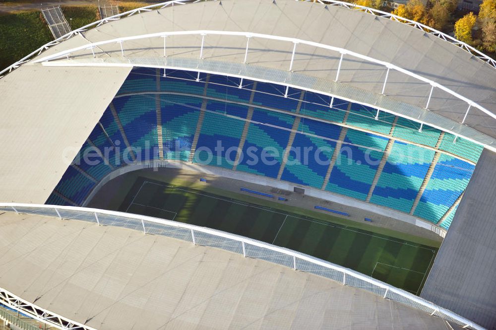 Leipzig from above - Blick auf die Red Bull Arena (vormals Zentralstadion), dem größten Stadion der sächsischen Stadt Leipzig und dem größten auf dem Gebiet der neuen Bundesländer. Das Stadion ist Teil des Leipziger Sportforums und liegt neben der neu gebauten Arena Leipzig, der Festwiese sowie weiteren (kleineren) Sportstätten und -hallen westlich der Innenstadt. Das Stadion ist die Heimstätte von RB Leipzig. View of Red Bull Arena (formerly Central Stadium), the largest stadium in the Saxon city of Leipzig and the largest in the area of the new federal states.