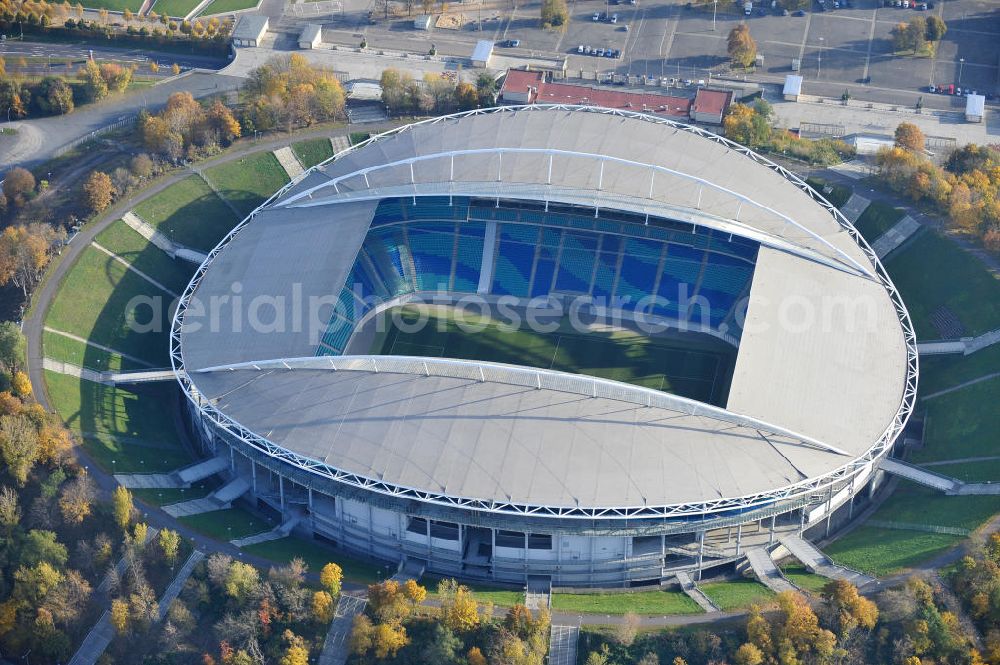 Leipzig from the bird's eye view: Blick auf die Red Bull Arena (vormals Zentralstadion), dem größten Stadion der sächsischen Stadt Leipzig und dem größten auf dem Gebiet der neuen Bundesländer. Das Stadion ist Teil des Leipziger Sportforums und liegt neben der neu gebauten Arena Leipzig, der Festwiese sowie weiteren (kleineren) Sportstätten und -hallen westlich der Innenstadt. Das Stadion ist die Heimstätte von RB Leipzig. View of Red Bull Arena (formerly Central Stadium), the largest stadium in the Saxon city of Leipzig and the largest in the area of the new federal states.