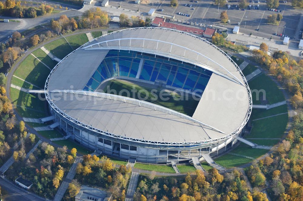 Aerial image Leipzig - Blick auf die Red Bull Arena (vormals Zentralstadion), dem größten Stadion der sächsischen Stadt Leipzig und dem größten auf dem Gebiet der neuen Bundesländer. Das Stadion ist Teil des Leipziger Sportforums und liegt neben der neu gebauten Arena Leipzig, der Festwiese sowie weiteren (kleineren) Sportstätten und -hallen westlich der Innenstadt. Das Stadion ist die Heimstätte von RB Leipzig. View of Red Bull Arena (formerly Central Stadium), the largest stadium in the Saxon city of Leipzig and the largest in the area of the new federal states.