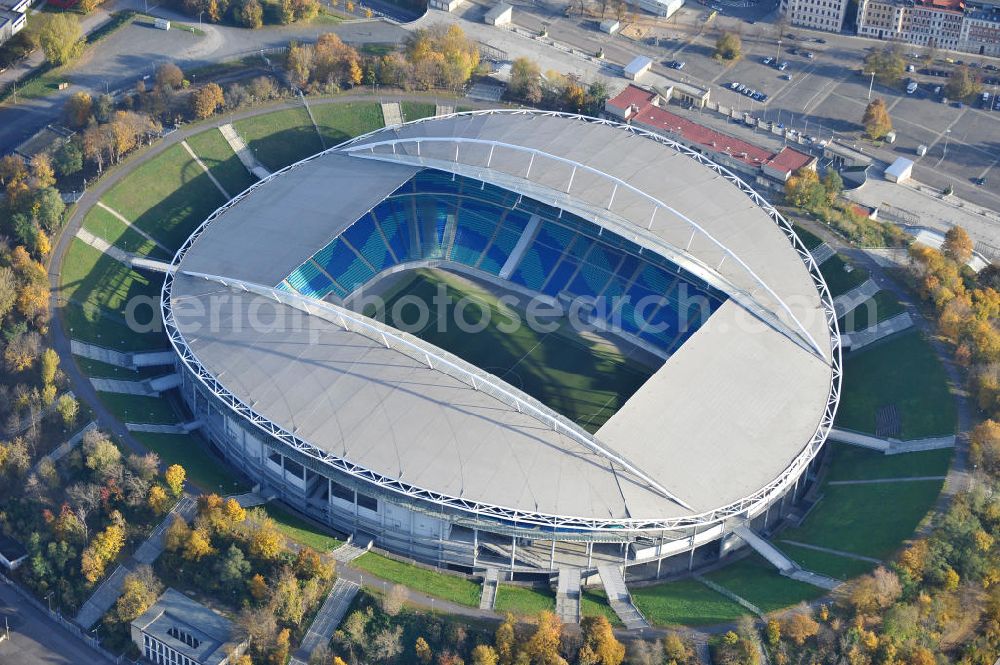 Aerial photograph Leipzig - Blick auf die Red Bull Arena (vormals Zentralstadion), dem größten Stadion der sächsischen Stadt Leipzig und dem größten auf dem Gebiet der neuen Bundesländer. Das Stadion ist Teil des Leipziger Sportforums und liegt neben der neu gebauten Arena Leipzig, der Festwiese sowie weiteren (kleineren) Sportstätten und -hallen westlich der Innenstadt. Das Stadion ist die Heimstätte von RB Leipzig. View of Red Bull Arena (formerly Central Stadium), the largest stadium in the Saxon city of Leipzig and the largest in the area of the new federal states.