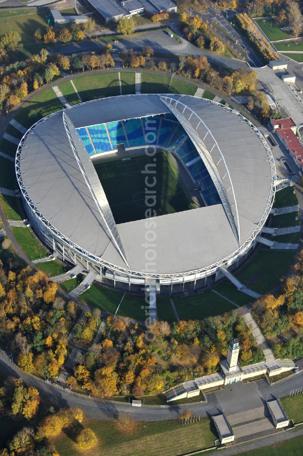 Leipzig from the bird's eye view: Blick auf die Red Bull Arena (vormals Zentralstadion), dem größten Stadion der sächsischen Stadt Leipzig und dem größten auf dem Gebiet der neuen Bundesländer. Das Stadion ist Teil des Leipziger Sportforums und liegt neben der neu gebauten Arena Leipzig, der Festwiese sowie weiteren (kleineren) Sportstätten und -hallen westlich der Innenstadt. Das Stadion ist die Heimstätte von RB Leipzig. View of Red Bull Arena (formerly Central Stadium), the largest stadium in the Saxon city of Leipzig and the largest in the area of the new federal states.