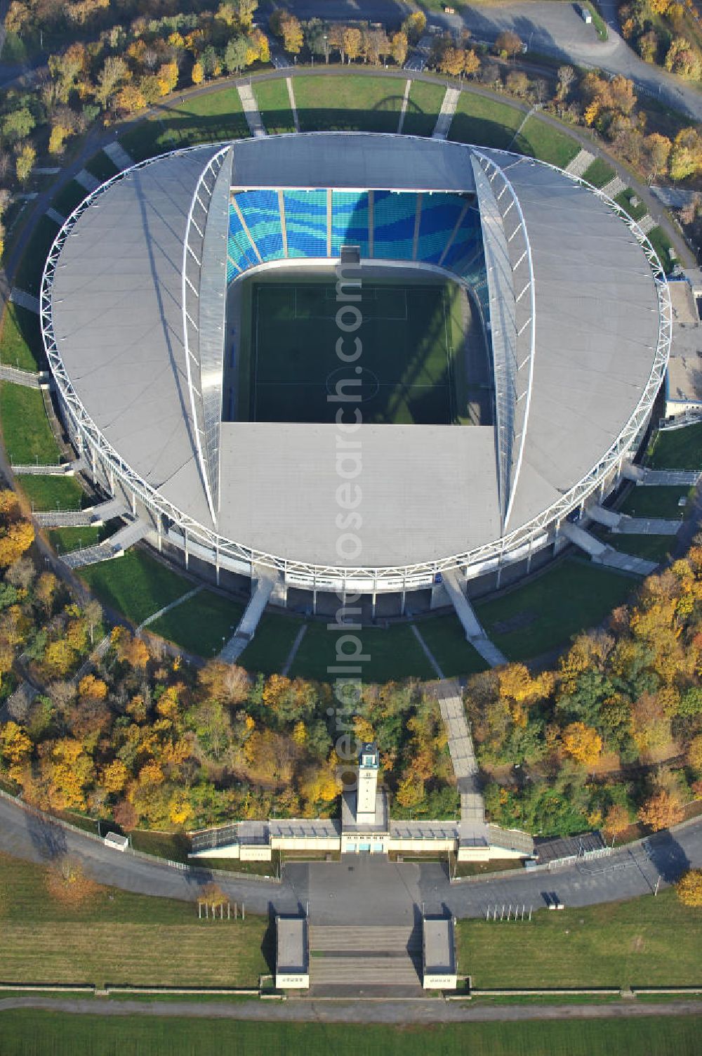 Aerial image Leipzig - Blick auf die Red Bull Arena (vormals Zentralstadion), dem größten Stadion der sächsischen Stadt Leipzig und dem größten auf dem Gebiet der neuen Bundesländer. Das Stadion ist Teil des Leipziger Sportforums und liegt neben der neu gebauten Arena Leipzig, der Festwiese sowie weiteren (kleineren) Sportstätten und -hallen westlich der Innenstadt. Das Stadion ist die Heimstätte von RB Leipzig. View of Red Bull Arena (formerly Central Stadium), the largest stadium in the Saxon city of Leipzig and the largest in the area of the new federal states.