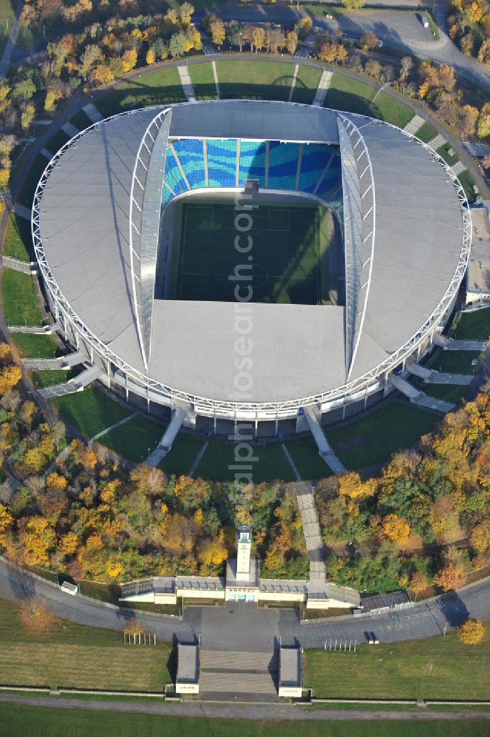 Aerial photograph Leipzig - Blick auf die Red Bull Arena (vormals Zentralstadion), dem größten Stadion der sächsischen Stadt Leipzig und dem größten auf dem Gebiet der neuen Bundesländer. Das Stadion ist Teil des Leipziger Sportforums und liegt neben der neu gebauten Arena Leipzig, der Festwiese sowie weiteren (kleineren) Sportstätten und -hallen westlich der Innenstadt. Das Stadion ist die Heimstätte von RB Leipzig. View of Red Bull Arena (formerly Central Stadium), the largest stadium in the Saxon city of Leipzig and the largest in the area of the new federal states.