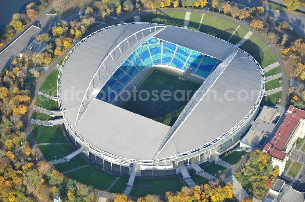 Leipzig from the bird's eye view: Blick auf die Red Bull Arena (vormals Zentralstadion), dem größten Stadion der sächsischen Stadt Leipzig und dem größten auf dem Gebiet der neuen Bundesländer. Das Stadion ist Teil des Leipziger Sportforums und liegt neben der neu gebauten Arena Leipzig, der Festwiese sowie weiteren (kleineren) Sportstätten und -hallen westlich der Innenstadt. Das Stadion ist die Heimstätte von RB Leipzig. View of Red Bull Arena (formerly Central Stadium), the largest stadium in the Saxon city of Leipzig and the largest in the area of the new federal states.