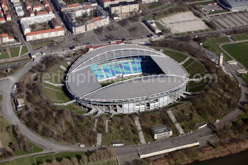 Aerial image Leipzig - Blick auf die Red Bull Arena (vormals Zentralstadion), dem größten Stadion der sächsischen Stadt Leipzig und dem größten auf dem Gebiet der neuen Bundesländer. Das Stadion ist Teil des Leipziger Sportforums und liegt neben der neu gebauten Arena Leipzig, der Festwiese sowie weiteren (kleineren) Sportstätten und -hallen westlich der Innenstadt. Das Stadion ist die Heimstätte von RB Leipzig. View of Red Bull Arena (formerly Central Stadium), the largest stadium in the Saxon city of Leipzig and the largest in the area of the new federal states.