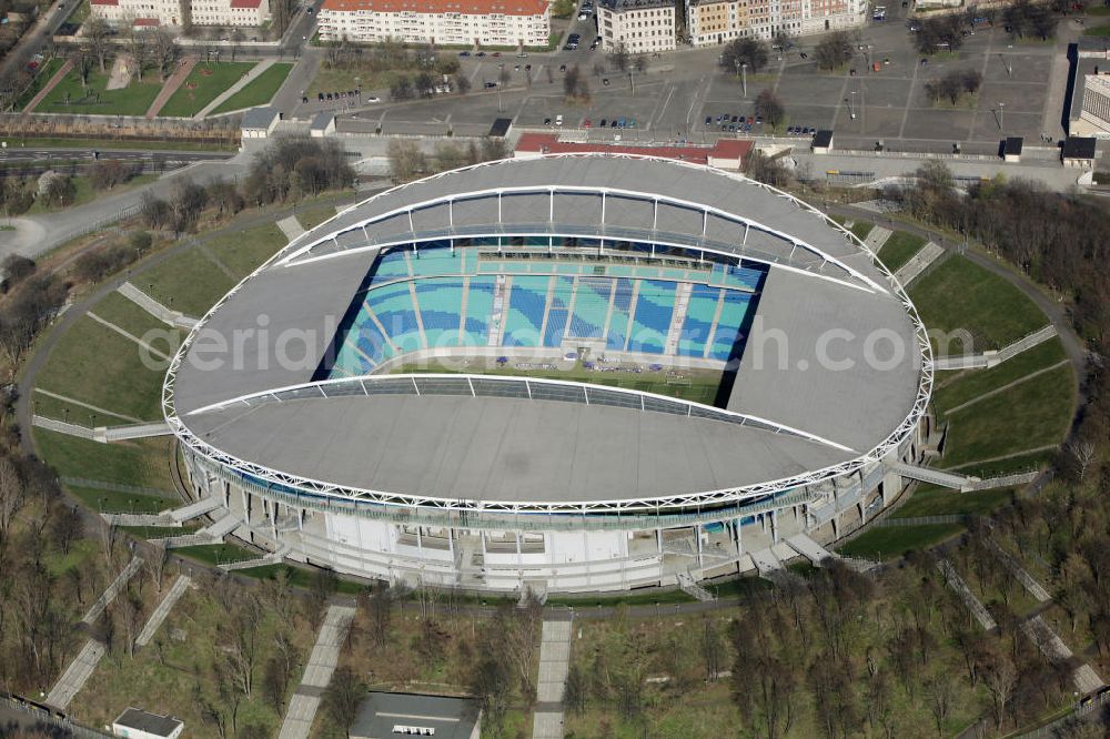 Aerial photograph Leipzig - Blick auf die Red Bull Arena (vormals Zentralstadion), dem größten Stadion der sächsischen Stadt Leipzig und dem größten auf dem Gebiet der neuen Bundesländer. Das Stadion ist Teil des Leipziger Sportforums und liegt neben der neu gebauten Arena Leipzig, der Festwiese sowie weiteren (kleineren) Sportstätten und -hallen westlich der Innenstadt. Das Stadion ist die Heimstätte von RB Leipzig. View of Red Bull Arena (formerly Central Stadium), the largest stadium in the Saxon city of Leipzig and the largest in the area of the new federal states.