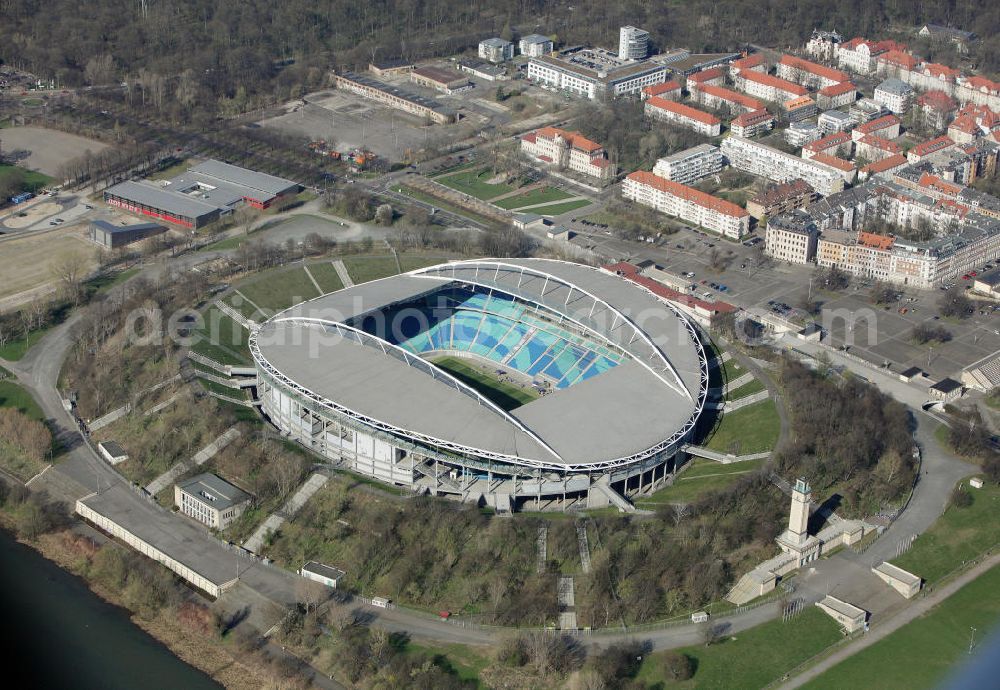 Leipzig from above - Blick auf die Red Bull Arena (vormals Zentralstadion), dem größten Stadion der sächsischen Stadt Leipzig und dem größten auf dem Gebiet der neuen Bundesländer. Das Stadion ist Teil des Leipziger Sportforums und liegt neben der neu gebauten Arena Leipzig, der Festwiese sowie weiteren (kleineren) Sportstätten und -hallen westlich der Innenstadt. Das Stadion ist die Heimstätte von RB Leipzig. View of Red Bull Arena (formerly Central Stadium), the largest stadium in the Saxon city of Leipzig and the largest in the area of the new federal states.