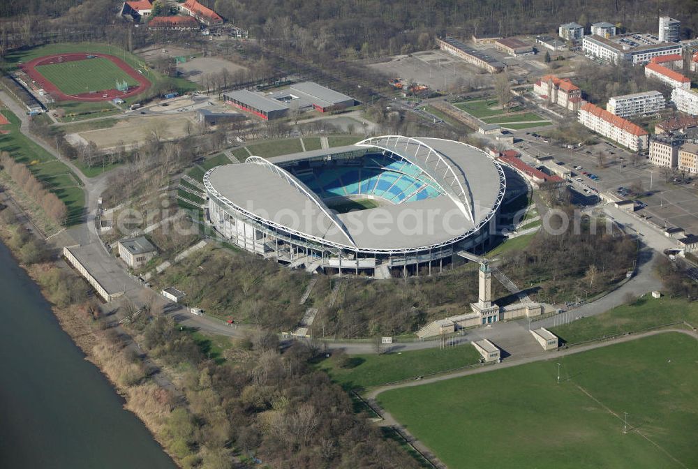 Leipzig from the bird's eye view: Blick auf die Red Bull Arena (vormals Zentralstadion), dem größten Stadion der sächsischen Stadt Leipzig und dem größten auf dem Gebiet der neuen Bundesländer. Das Stadion ist Teil des Leipziger Sportforums und liegt neben der neu gebauten Arena Leipzig, der Festwiese sowie weiteren (kleineren) Sportstätten und -hallen westlich der Innenstadt. Das Stadion ist die Heimstätte von RB Leipzig. View of Red Bull Arena (formerly Central Stadium), the largest stadium in the Saxon city of Leipzig and the largest in the area of the new federal states.