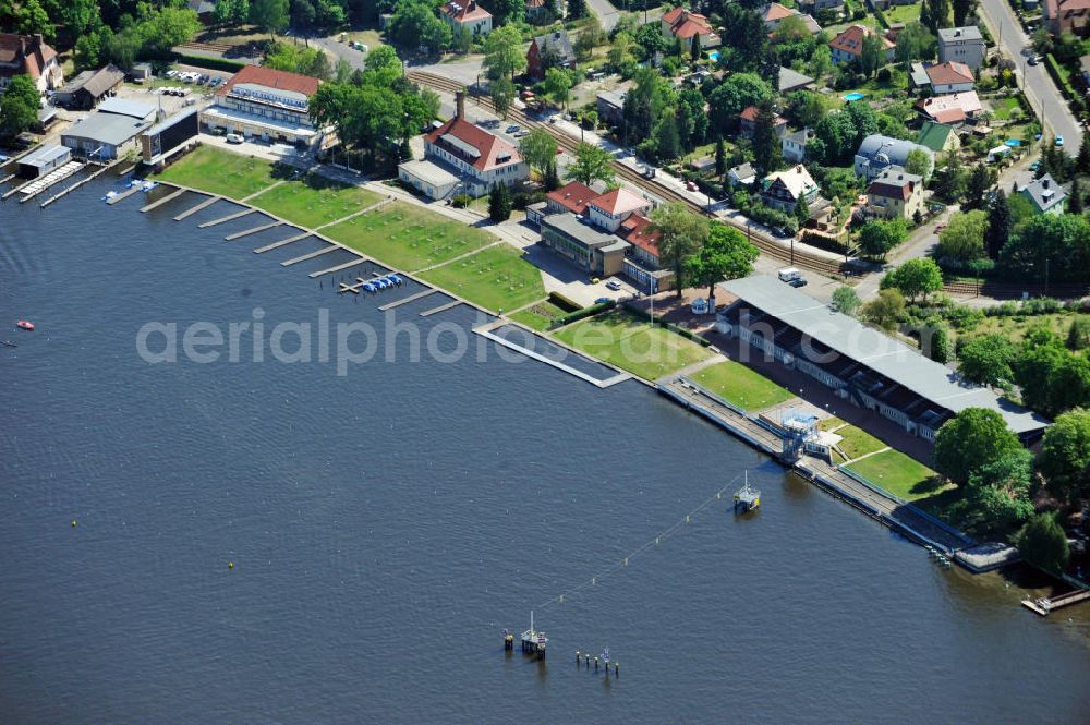 Berlin Grünau from above - Regattastrecke / Regattabahn auf dem Langen See in Berlin-Grünau. Sie war Austragungsort der Ruder- und Kanuwettbewerbe der Olympischen Spiele 1936. Regatta course at the lake Langer See in Berlin-Gruenau. For the 1936 Summer Olympics, the city hosted the canoeing and rowing events at the regatta course.