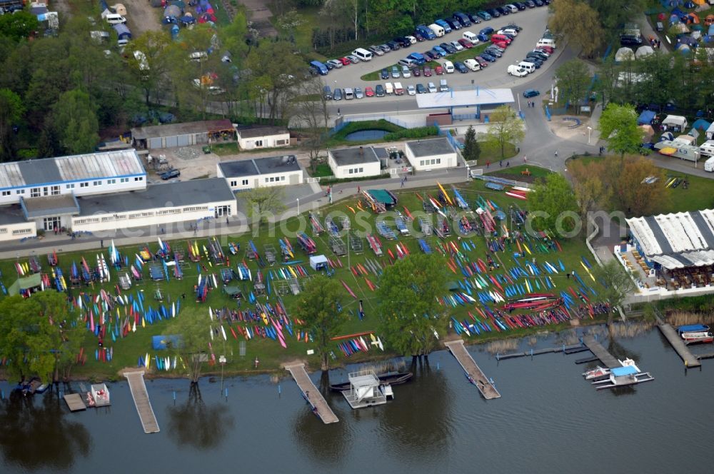 Aerial photograph Brandenburg - The regatta course on the Brandenburg Beetzsee. The sports complex is the venue for the annual regatta Brandenburg canoe racing, dragon boat racing and canoe marathon