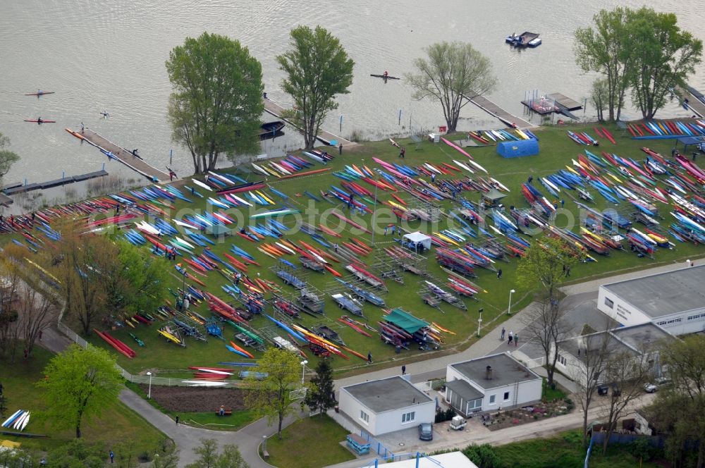 Aerial image Brandenburg - The regatta course on the Brandenburg Beetzsee. The sports complex is the venue for the annual regatta Brandenburg canoe racing, dragon boat racing and canoe marathon