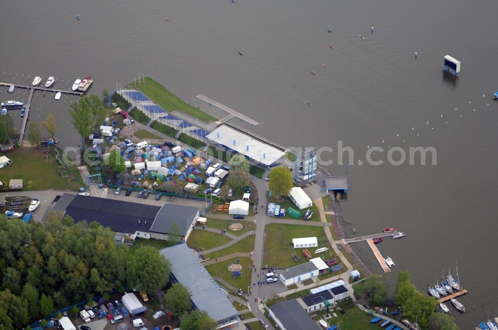 Aerial image Brandenburg - The regatta course on the Brandenburg Beetzsee. The sports complex is the venue for the annual regatta Brandenburg canoe racing, dragon boat racing and canoe marathon