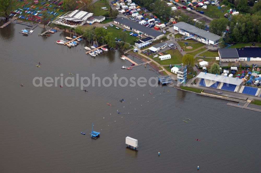 Brandenburg from above - The regatta course on the Brandenburg Beetzsee. The sports complex is the venue for the annual regatta Brandenburg canoe racing, dragon boat racing and canoe marathon