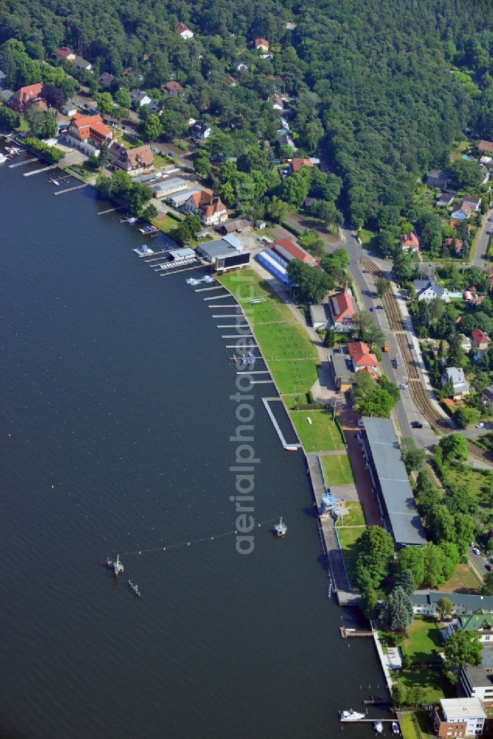 Aerial image Berlin - Regatta course at the lake Langer See in Berlin-Gruenau. For the 1936 Summer Olympics, the city hosted the canoeing and rowing events at the regatta course