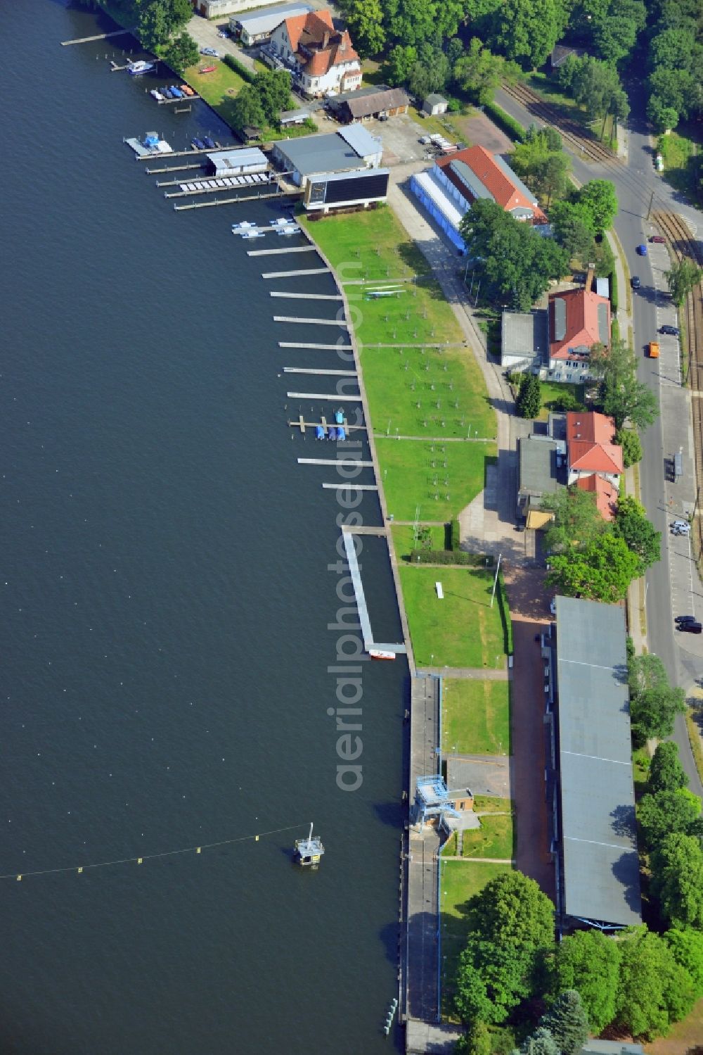 Aerial photograph Berlin - Regatta course at the lake Langer See in Berlin-Gruenau. For the 1936 Summer Olympics, the city hosted the canoeing and rowing events at the regatta course