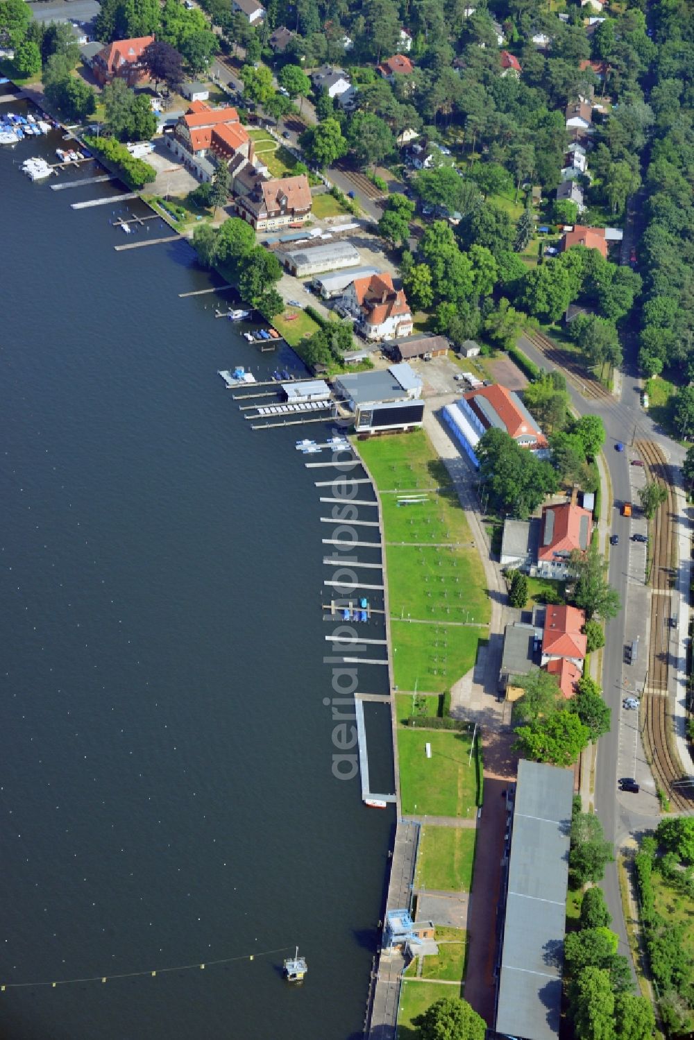 Berlin from above - Regatta course at the lake Langer See in Berlin-Gruenau. For the 1936 Summer Olympics, the city hosted the canoeing and rowing events at the regatta course