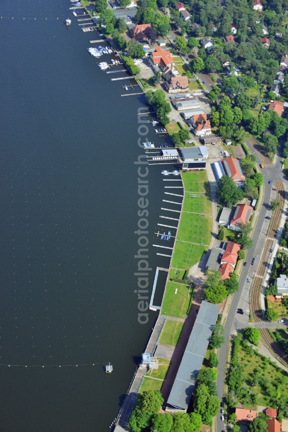 Berlin from the bird's eye view: Regatta course at the lake Langer See in Berlin-Gruenau. For the 1936 Summer Olympics, the city hosted the canoeing and rowing events at the regatta course