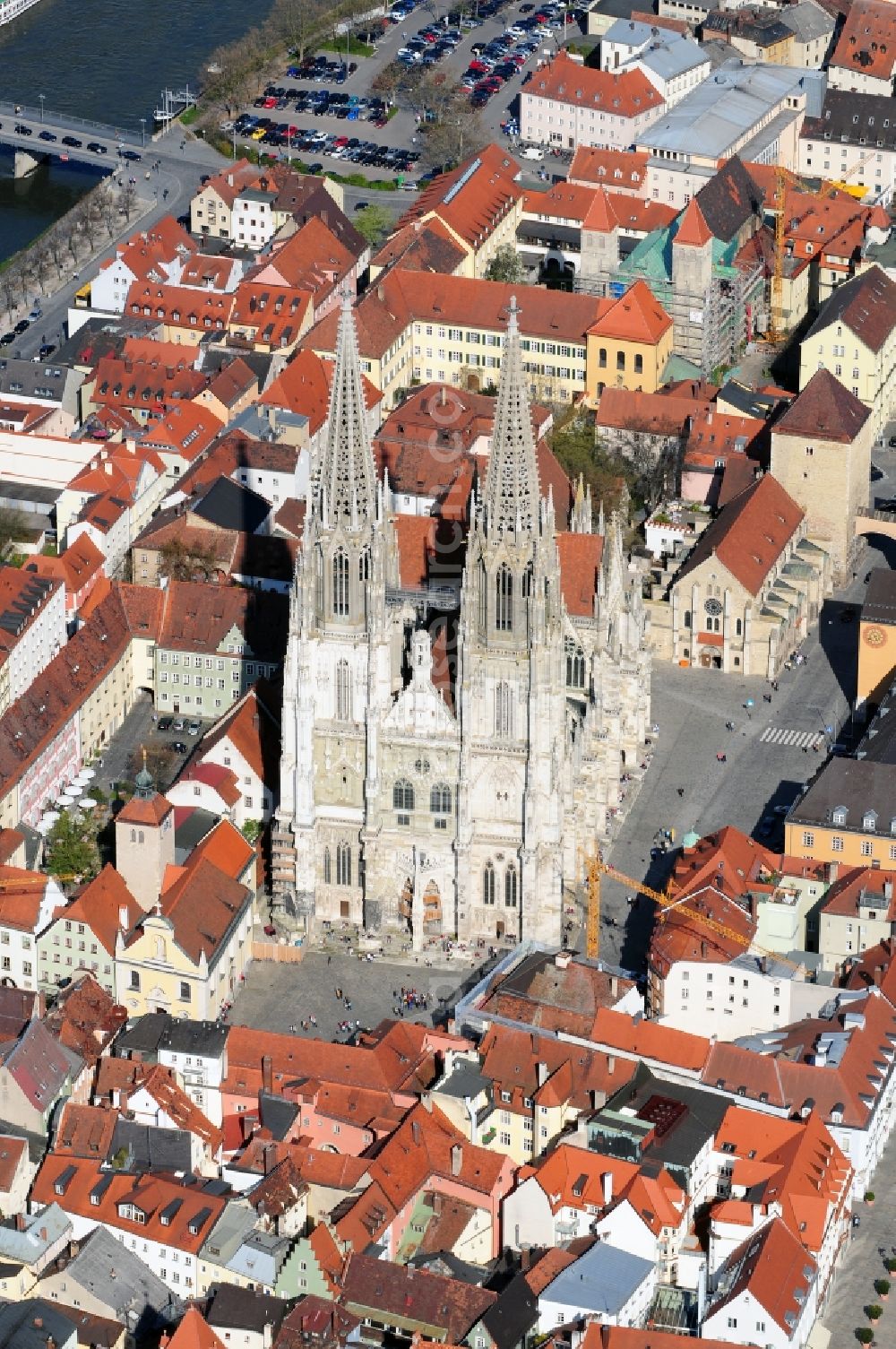 Regensburg from above - The Regensburg Cathedral, also St. Peter's Cathedral is the largest church in the city of Regensburg in Bavaria