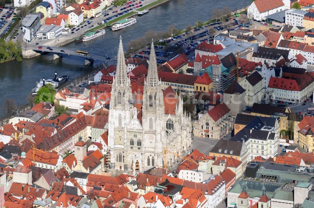 Regensburg from above - The Regensburg Cathedral, also St. Peter's Cathedral is the largest church in the city of Regensburg in Bavaria