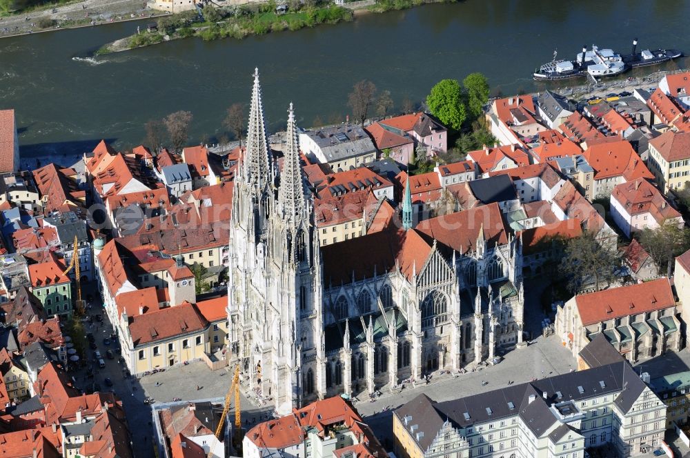 Regensburg from above - The Regensburg Cathedral, also St. Peter's Cathedral is the largest church in the city of Regensburg in Bavaria