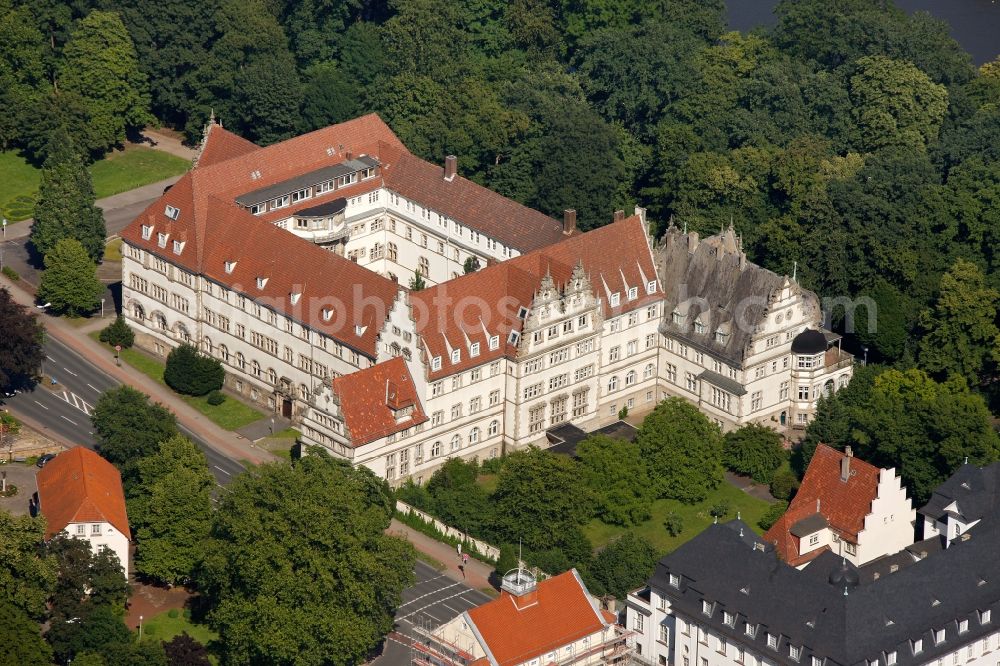 Minden from above - Government building of the Presidium of the former government district on the river Weser Glacis in Minden, North Rhine-Westphalia