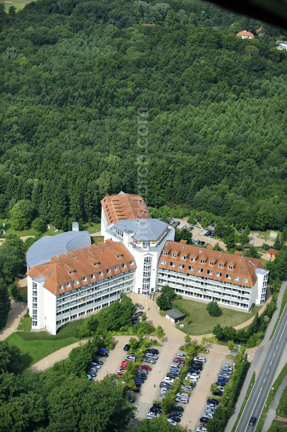 Bad Doberan from above - Blick auf die Rehabilitationsfachklinik „ Moorbad “ an der Schwaaner Chaussee 2 in 18209 Bad Doberan. Der Klinik- Neubau ist eine Einrichtung der Dr. Ebel Fachkliniken Verwaltungs-GmbH. View of the rehabilitation clinic mud bath in 18209 Bad Doberan.