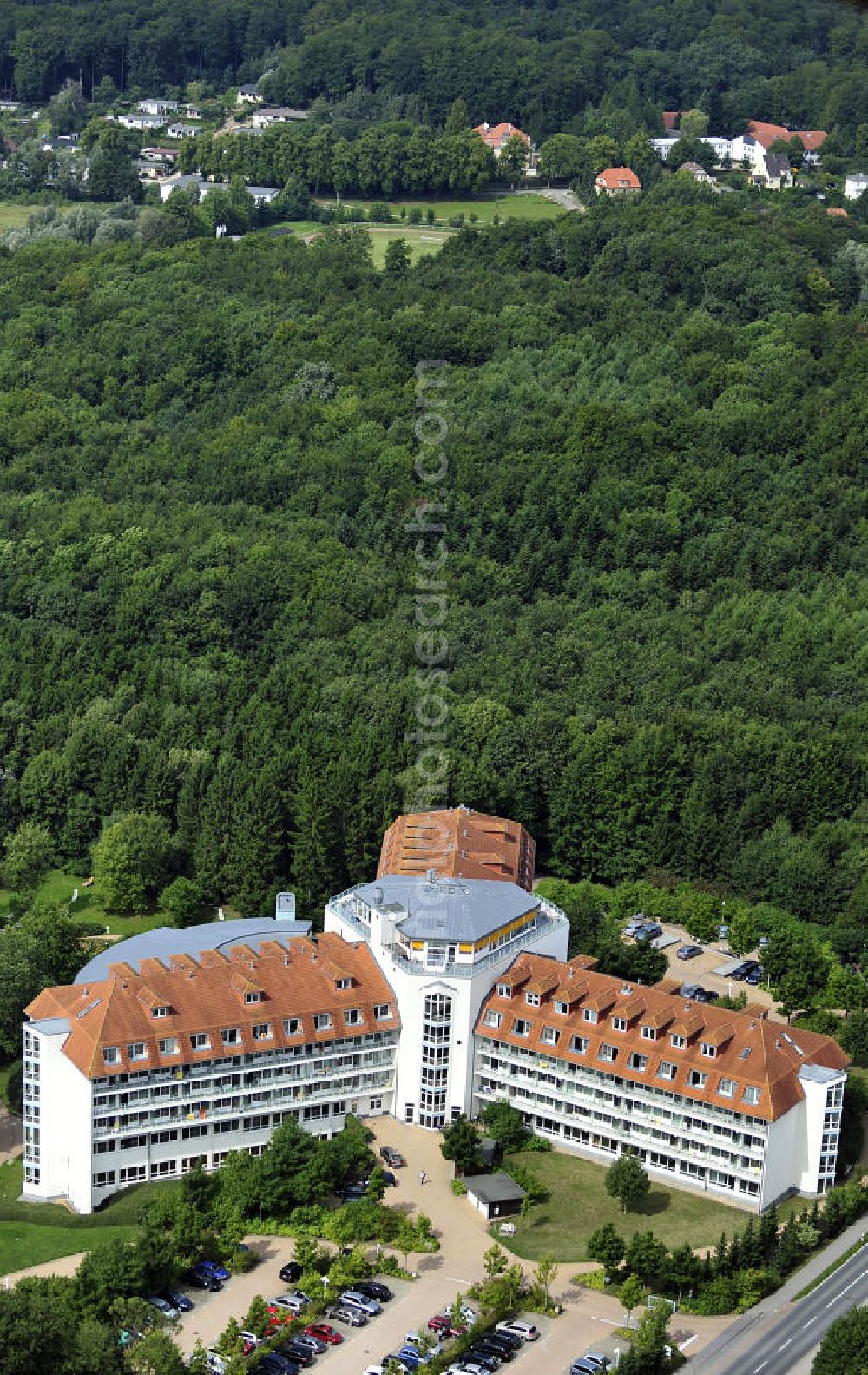 Bad Doberan from the bird's eye view: Blick auf die Rehabilitationsfachklinik „ Moorbad “ an der Schwaaner Chaussee 2 in 18209 Bad Doberan. Der Klinik- Neubau ist eine Einrichtung der Dr. Ebel Fachkliniken Verwaltungs-GmbH. View of the rehabilitation clinic mud bath in 18209 Bad Doberan.