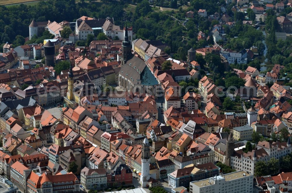 Aerial image Bautzen - View Reichenturm in downtown Bautzen in Saxony. Like many of the other towers of the city of Bautzen he was a part of the expansion of the inner city wall in 14-15. Century. It is located on the eastern edge of the Old Town, is the culmination of the rich street and stands on the Corn Market