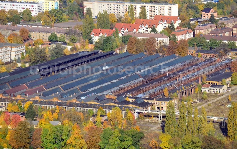 Aerial image Magdeburg - View of the German State Railways Ausbesserungswerk Salbke in Magdeburg in the state Saxony-Anhalt. The RAW Salbke has been a repairation factory of the German State Railways in the district Salbke of Magdeburg