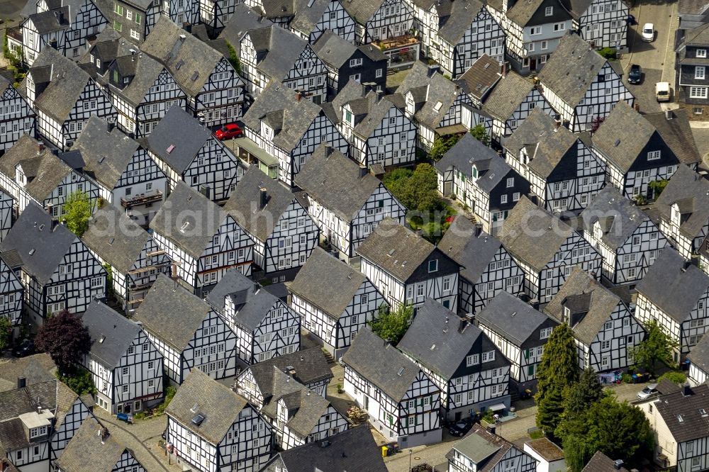 Freudenberg from above - Series of historically true original half-timbered houses in the center of Freudenberg in the state of North Rhine-Westphalia