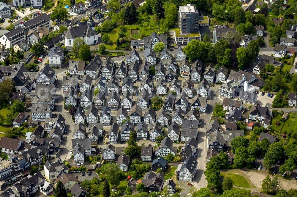 Freudenberg from above - Series of historically true original half-timbered houses in the center of Freudenberg in the state of North Rhine-Westphalia