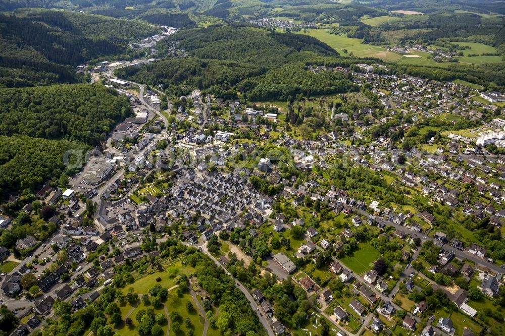 Aerial image Freudenberg - Series of historically true original half-timbered houses in the center of Freudenberg in the state of North Rhine-Westphalia