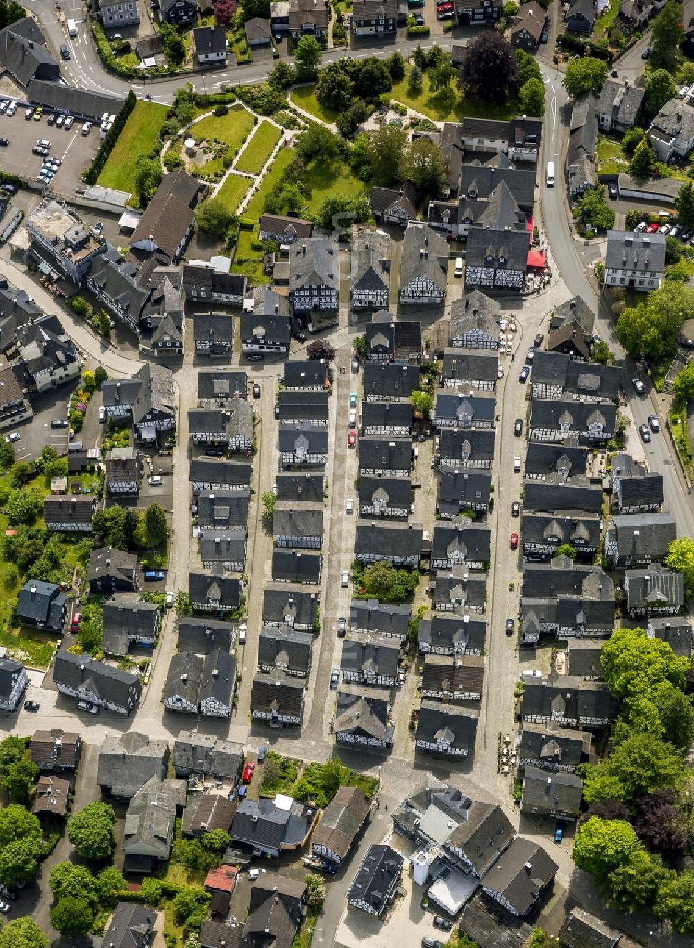 Freudenberg from above - Series of historically true original half-timbered houses in the center of Freudenberg in the state of North Rhine-Westphalia