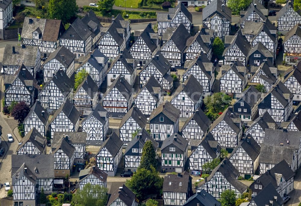 Freudenberg from above - Series of historically true original half-timbered houses in the center of Freudenberg in the state of North Rhine-Westphalia