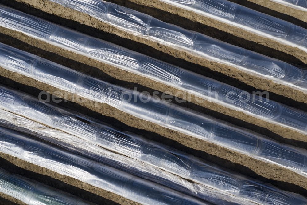 Kremmen from above - Rows with asparagus growing on field surfaces in Kremmen in the state Brandenburg, Germany