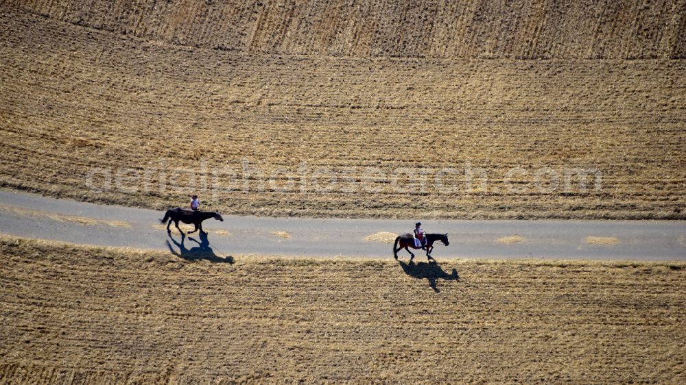 Kasbach-Ohlenberg from the bird's eye view: Riders on a road Kasbach-Ohlenberg in the state Rhineland-Palatinate, Germany