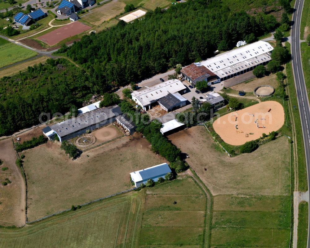 Hungenroth from the bird's eye view: Horse stables Carmen Dingler Reitanlage in the borough of Hungenroth in the state of Rhineland-Palatinate. The compound includes stables and horse riding facilities and is located on federal motorway A61