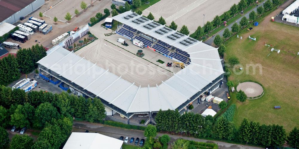 Aachen from above - Blick auf das Reitstadion im Sportpark Soers. Hier findet alljährlich das internationale Pferdesport-Turnier CHIO Aachen statt. View of the horse arenas in the sports park Soers. The international equestrian tournament CHIO Aachen takes place here every year.