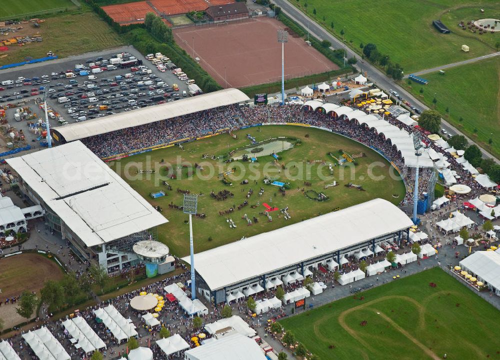 Aachen from above - Das Weltfest des Pferdesports, das CHIO Aachen, im Reitstadion des Sportparks Soers. Veranstalter des jährlichen Turniers ist der Aachen-Laurensberger Rennverein e.V. (ALRV). The World Equestrian Festival, CHIO Aachen, in the sports park Soers.