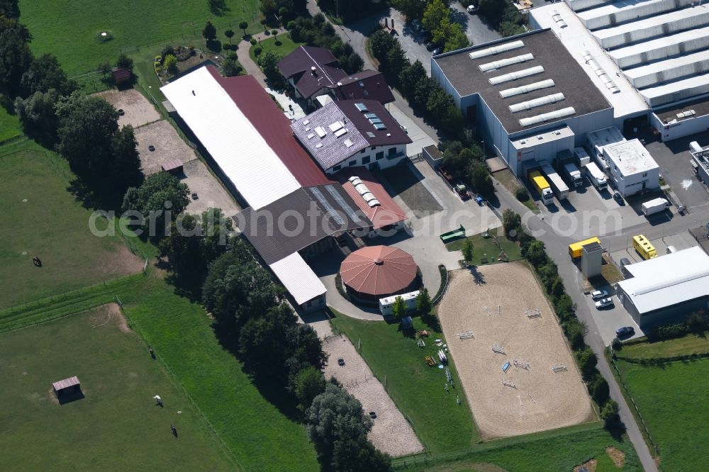 Untergruppenbach from above - Building of stables at Muehlstrasse in Untergruppenbach in the state Baden-Wurttemberg, Germany