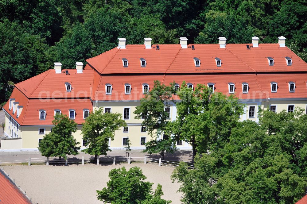 Graditz from above - Building of stables of Gestuet Graditz GmbH on street Gestuetsstrasse in Graditz in the state Saxony, Germany